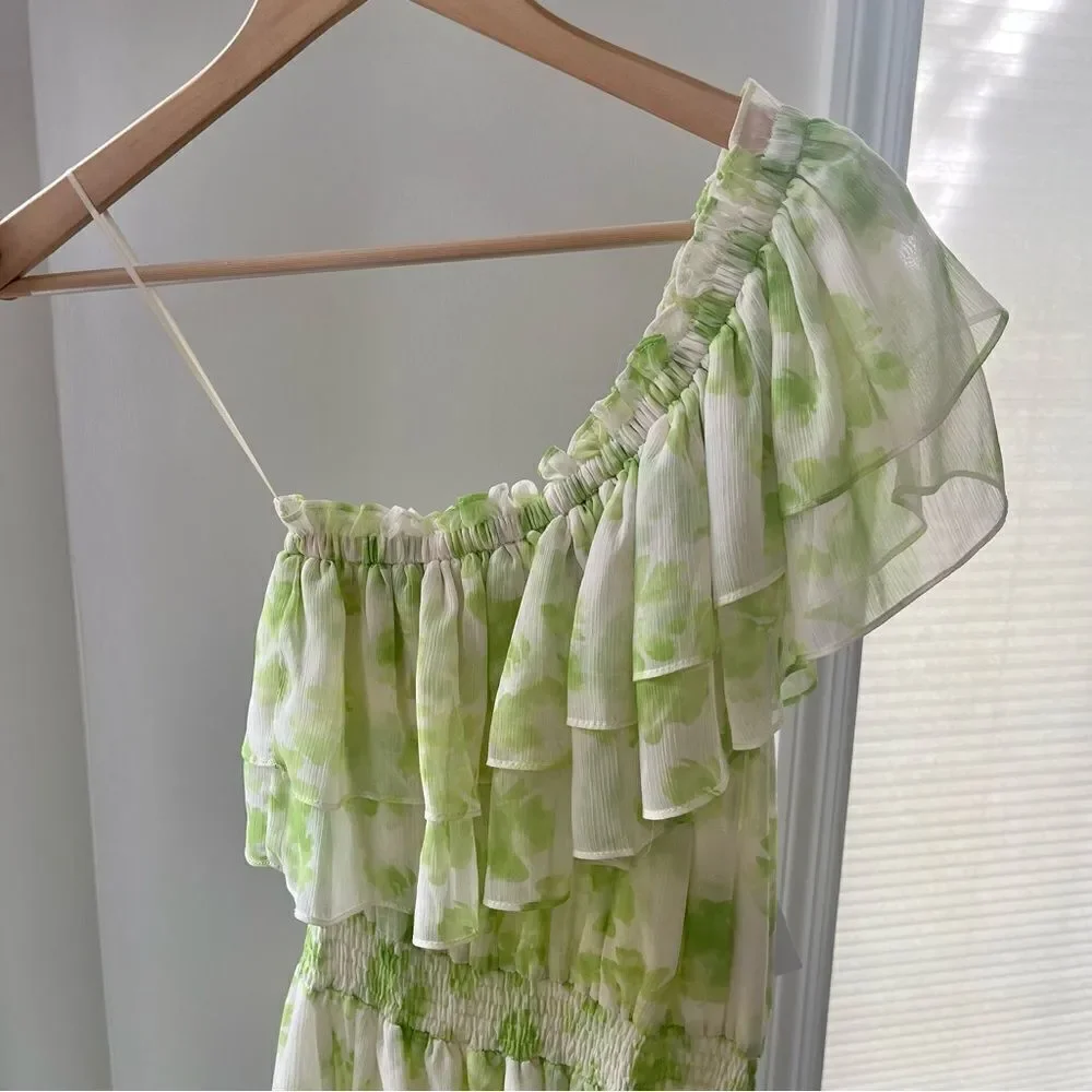 MISA Rumi MIDI Revolve Chiffon One Shoulder Dress in Honeydew Large‎ NWT
